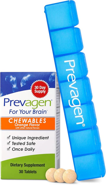 Prevagen Regular Strength 10mg, 30 Chewables |Orange| with Apoaequorin & Vitamin D & Prevagen 7-Day Pill Minder