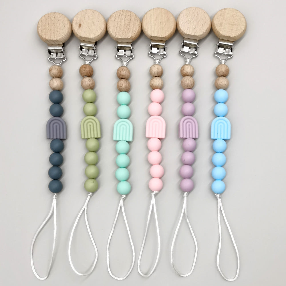Infant Solid Color Rainbow Baby Pacifier Clip Beech Beads Silicone Bite Molar Drop-Preventing Chain